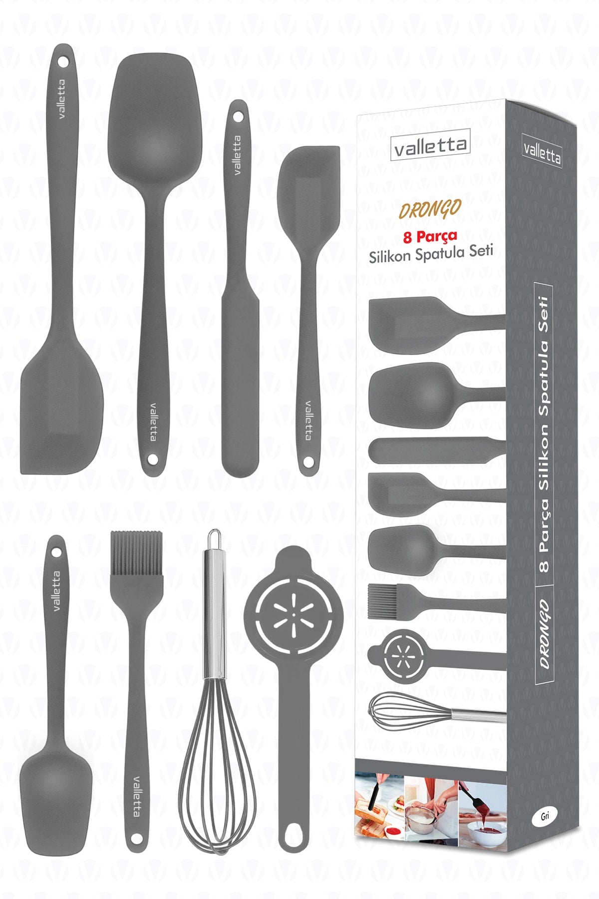 Drongo Heat Resistant Fireproof Nonstick Silicone Spatula Set 8 Pieces Gray