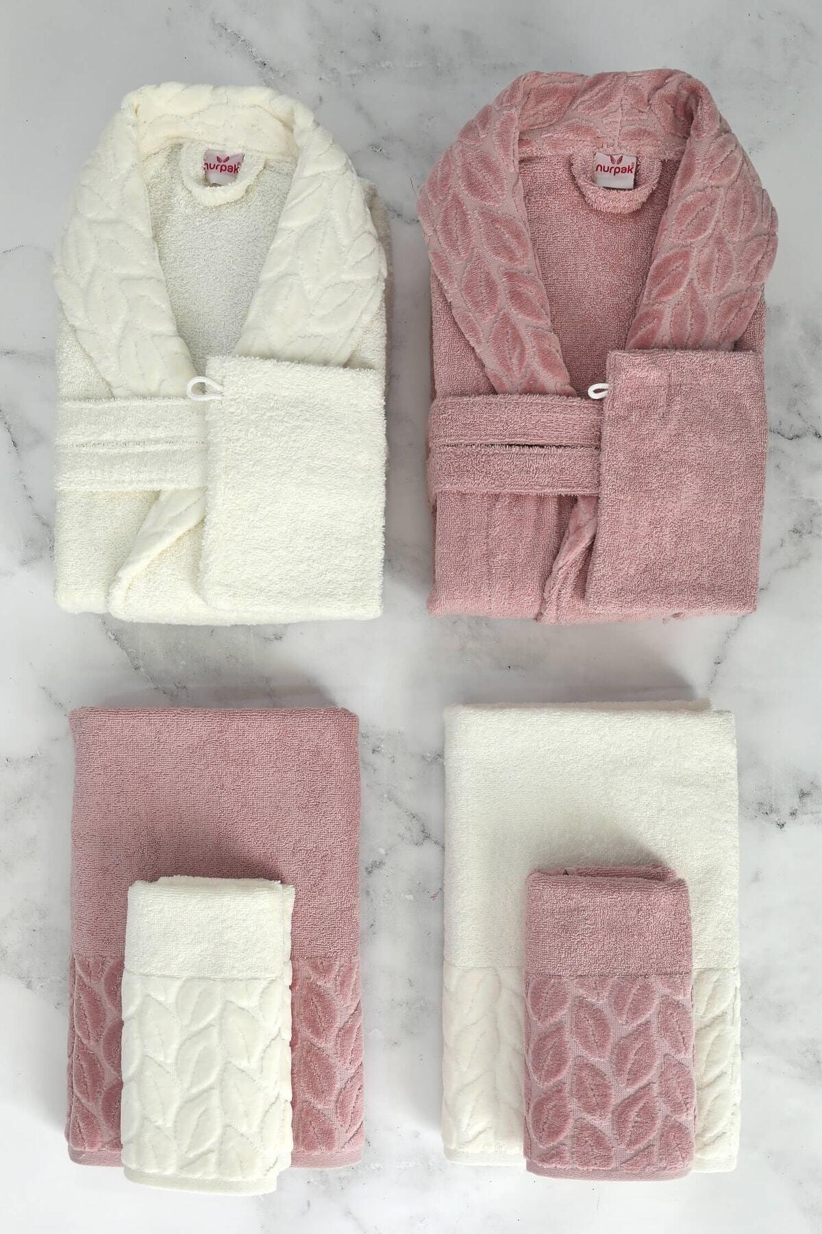 Hazal Cotton 8 Piece Family Bathrobe Set - Cream - Plum - Swordslife