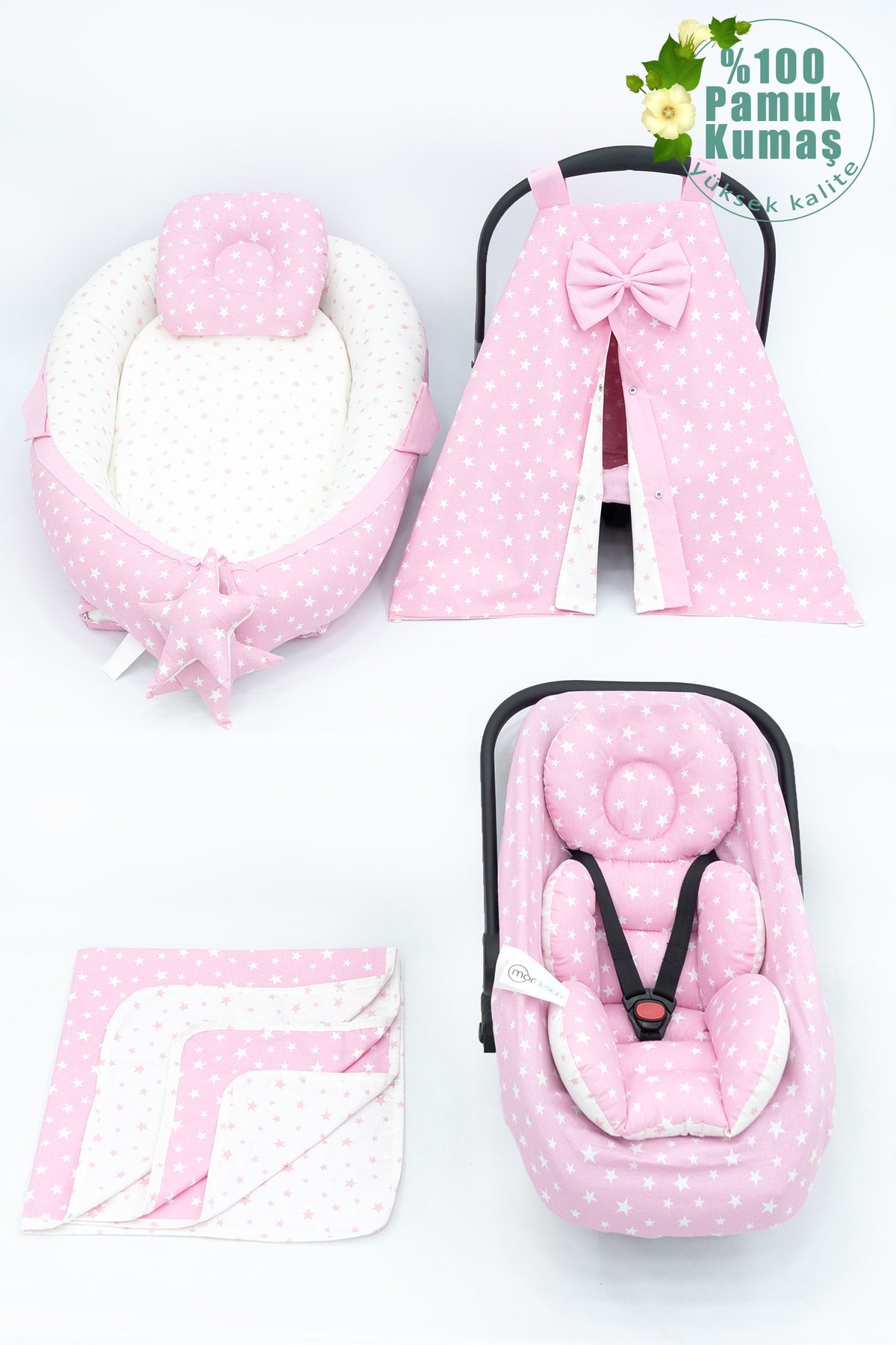Orthopedic Baby Mattress, Pique And Stroller Accessories Set Of 6, Pink Color Stars Pattern