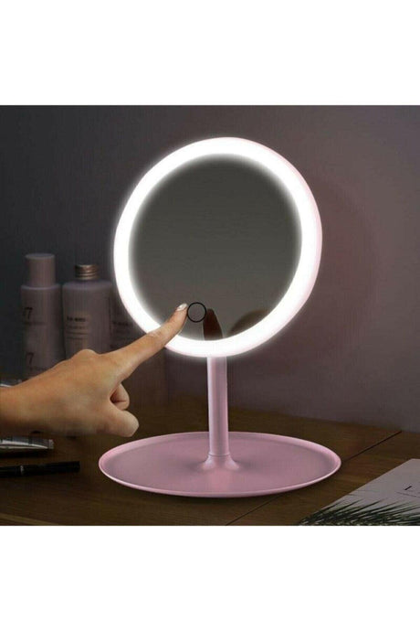 Desktop Touch Makeup Mirror Round Pink Color Make Up Mirror With Led Light - Swordslife