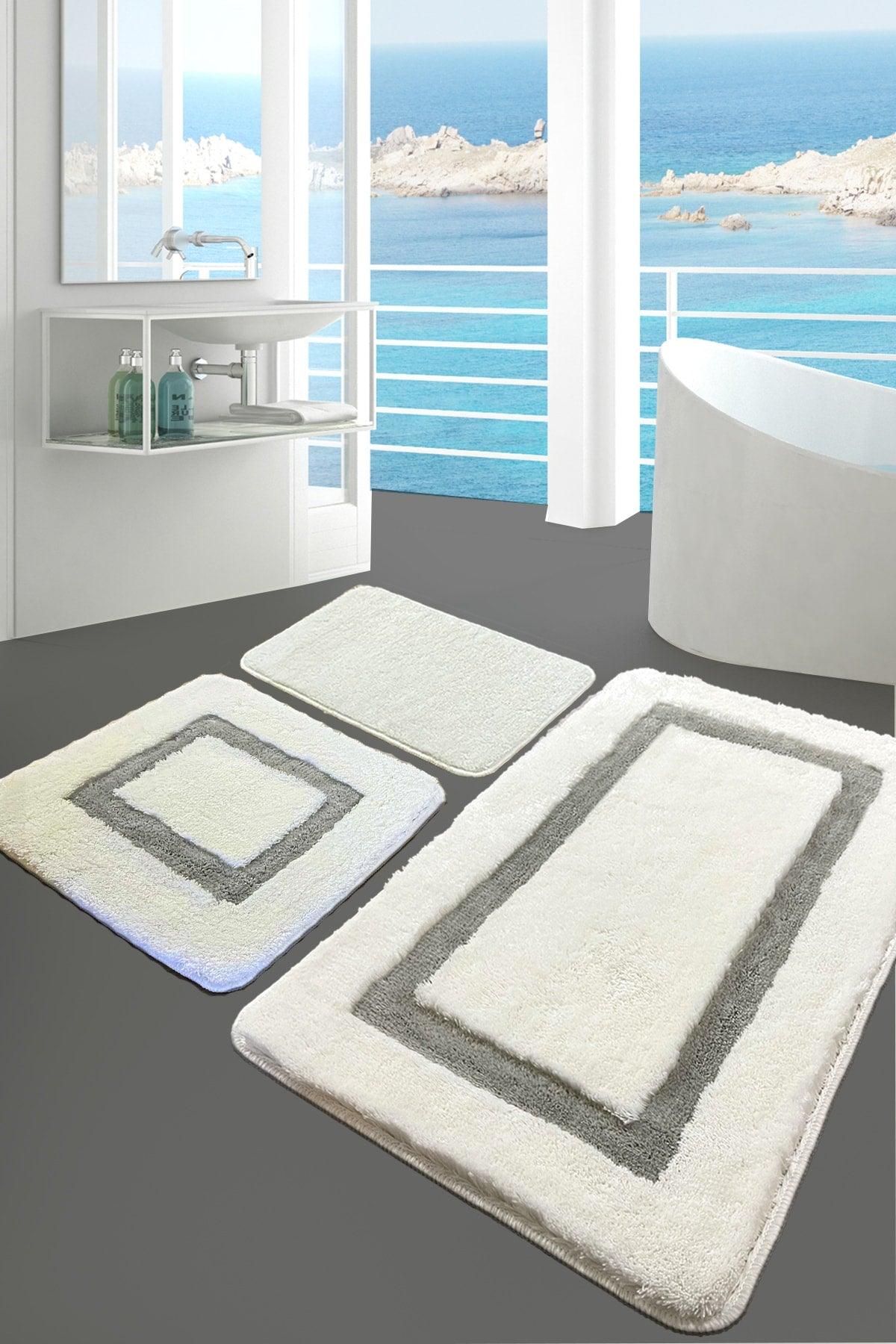 Quadrato Gray 3 Pcs Set Bathroom Carpet Mat Anti-Slip Base Washable - Swordslife