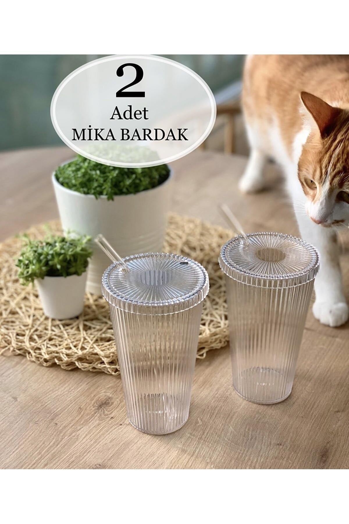 Mi̇Ka 2 Pieces 600 Ml Mica Lid Origami Style Mica Cup With Straw | Presentation Glass Soft Drink Glass