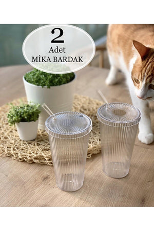 Mi̇Ka 2 Pieces 600 Ml Mica Lid Origami Style Mica Cup With Straw | Presentation Glass Soft Drink Glass