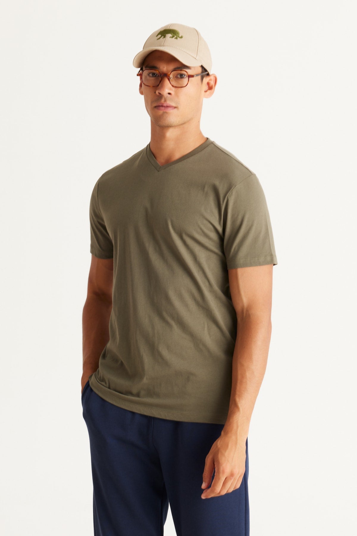Men'S Khaki Slim Fit Slim Fit 100% Cotton V-Neck Short Sleeved T-Shirt