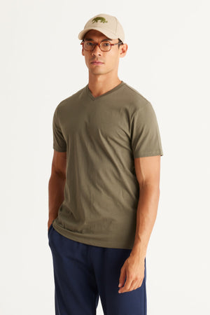 Men'S Khaki Slim Fit Slim Fit 100% Cotton V-Neck Short Sleeved T-Shirt