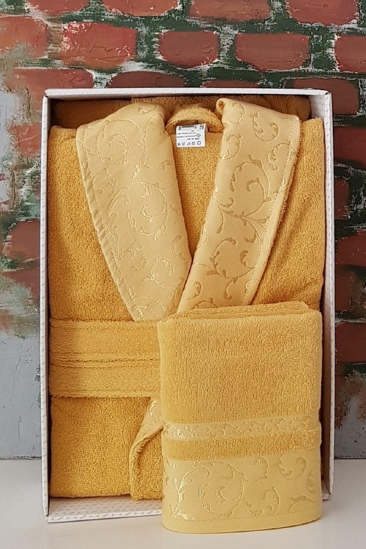 Serene Shawl Collar Bathrobe + Head Towel Set- Size M- Mustard - Swordslife