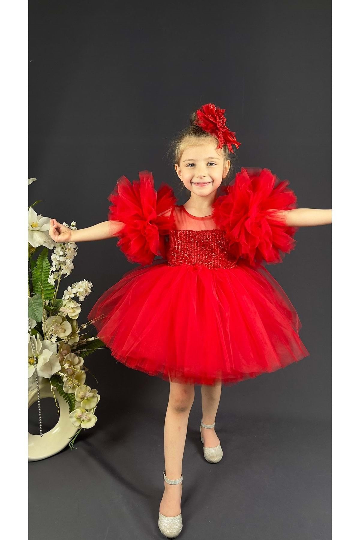 Chiffon Robe Pompom Sleeve Sequined Girls Fluffy Skirt Tulle Evening Dress Red