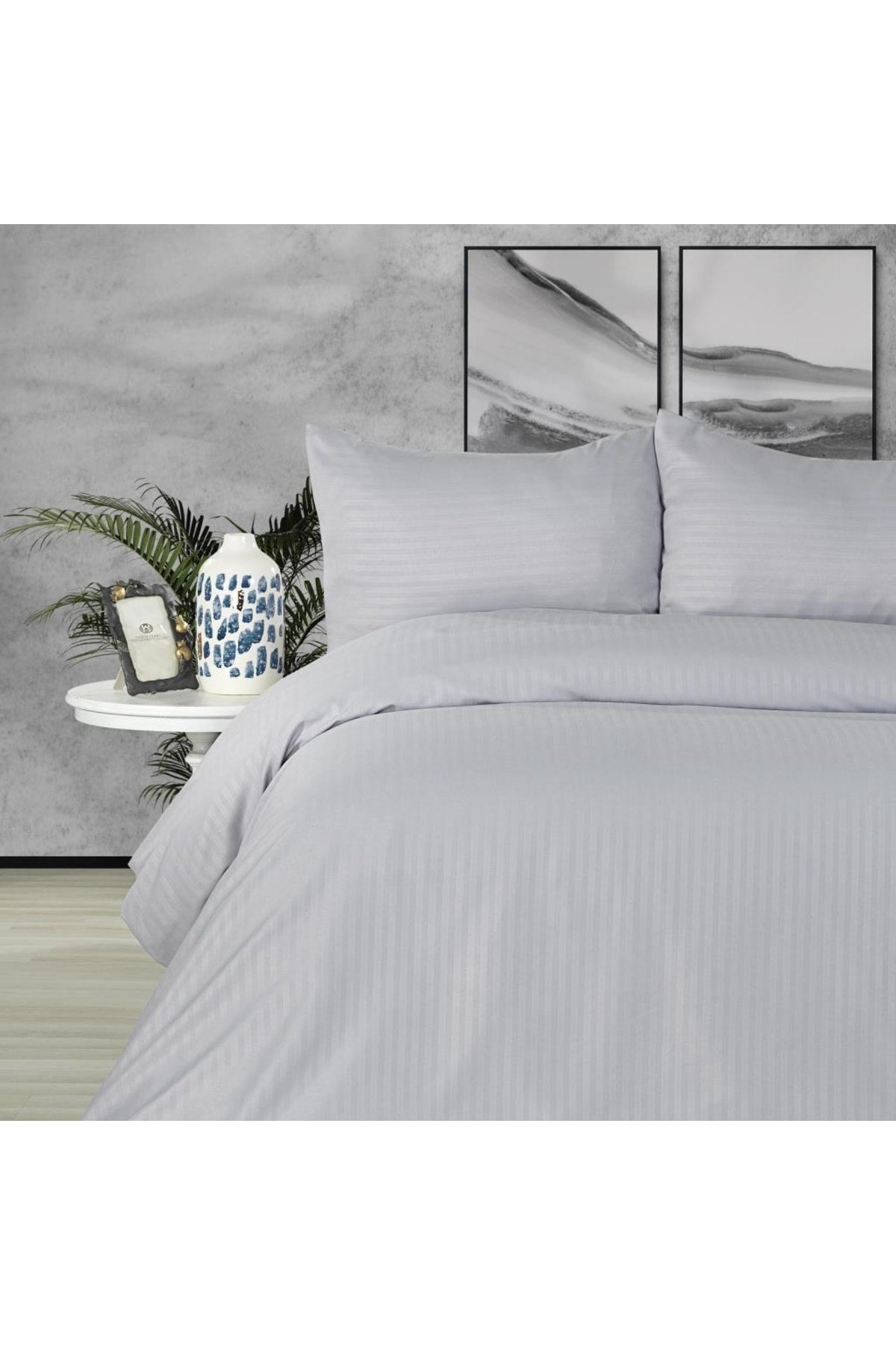 Single Satin Duvet Cover Set Basic Stripe Stone