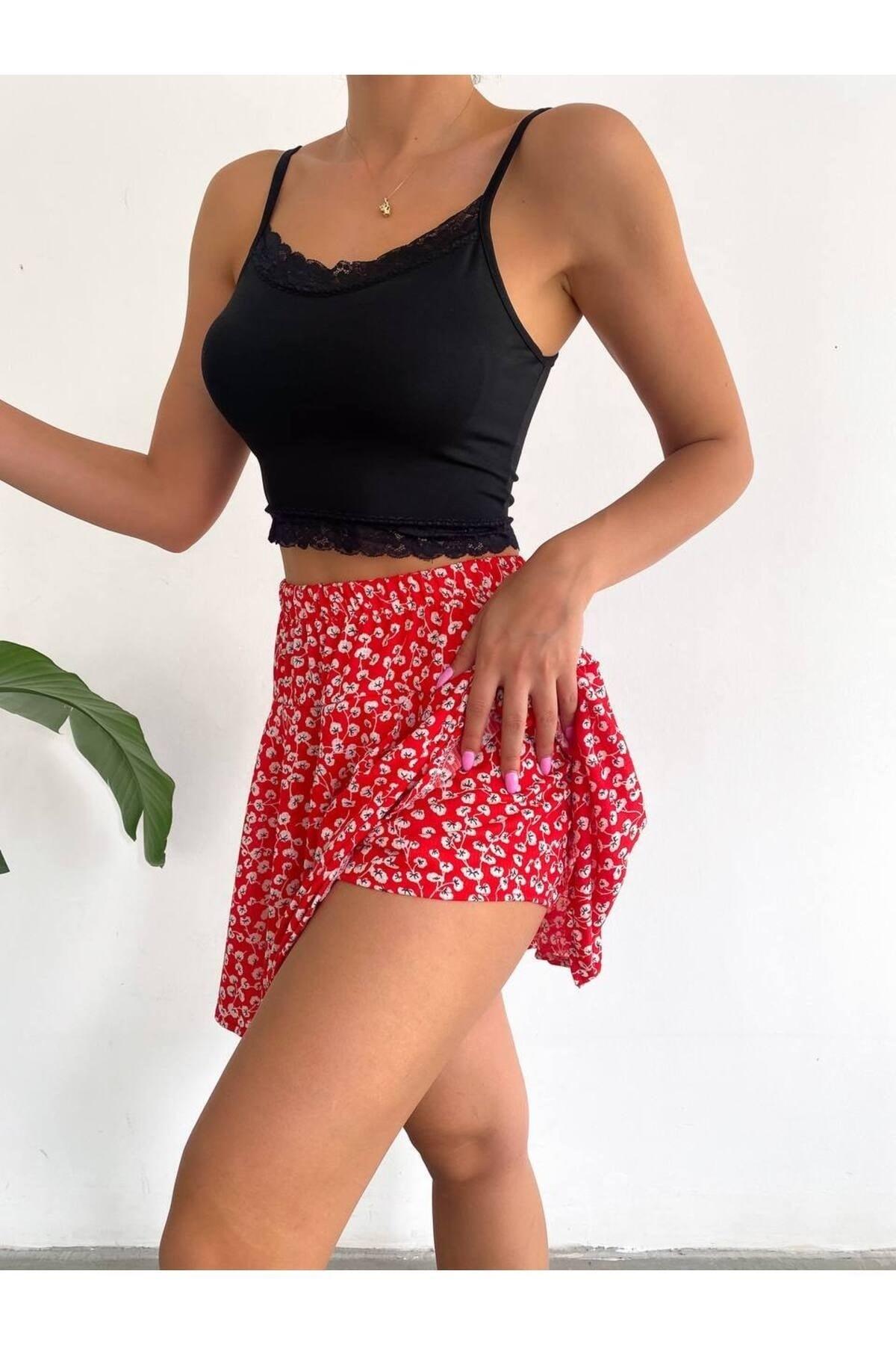 Flower Patterned Red Short Skirt - Swordslife