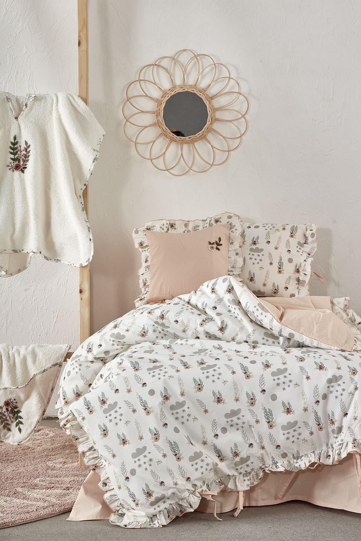 Lora Baby Girl Duvet Cover Set 100% Organic Cotton Hand Embroidered Printed 100X150 Cm