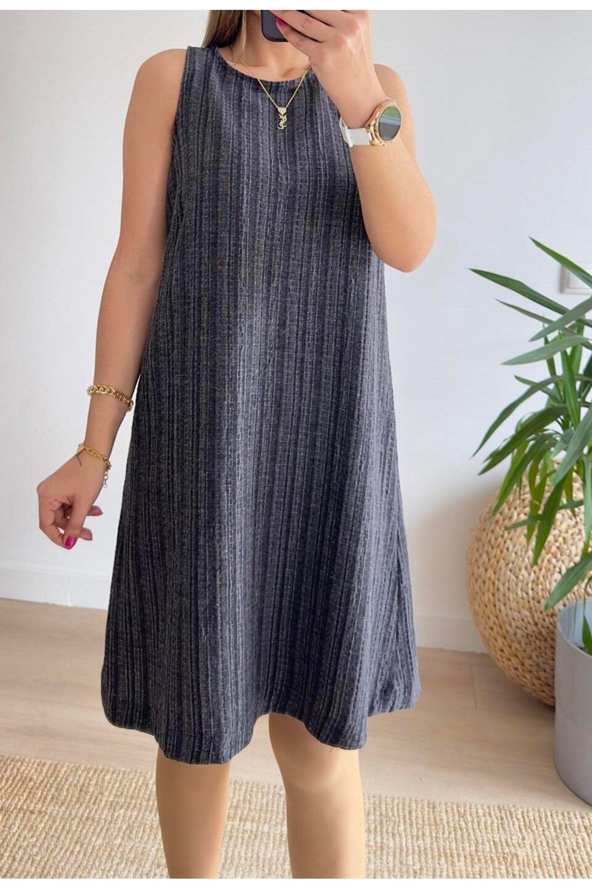 Anthracite Muslin Fabric Crew Neck Sleeveless Dress - Swordslife