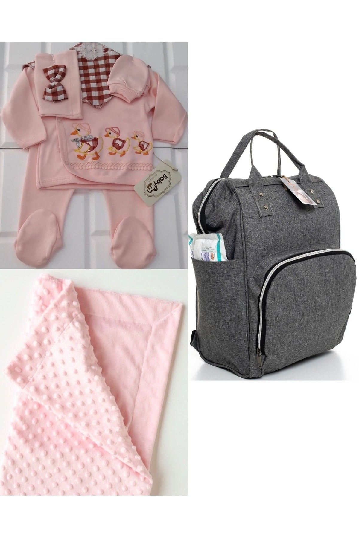 Functional Mother Baby Care Backpack, 100% Cotton Hospital Outlet And Chickpea Blanket Set