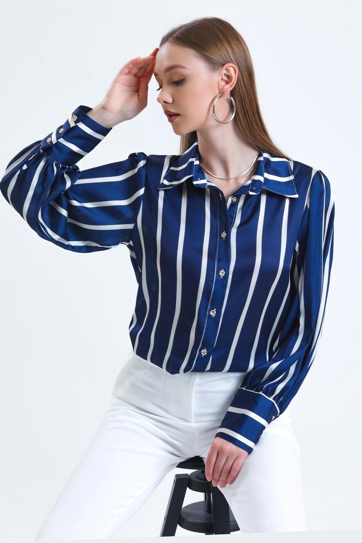 Women's Navy Blue Balloon Sleeve Ruffle Detailed Oversize Striped Satin Shirt - Swordslife