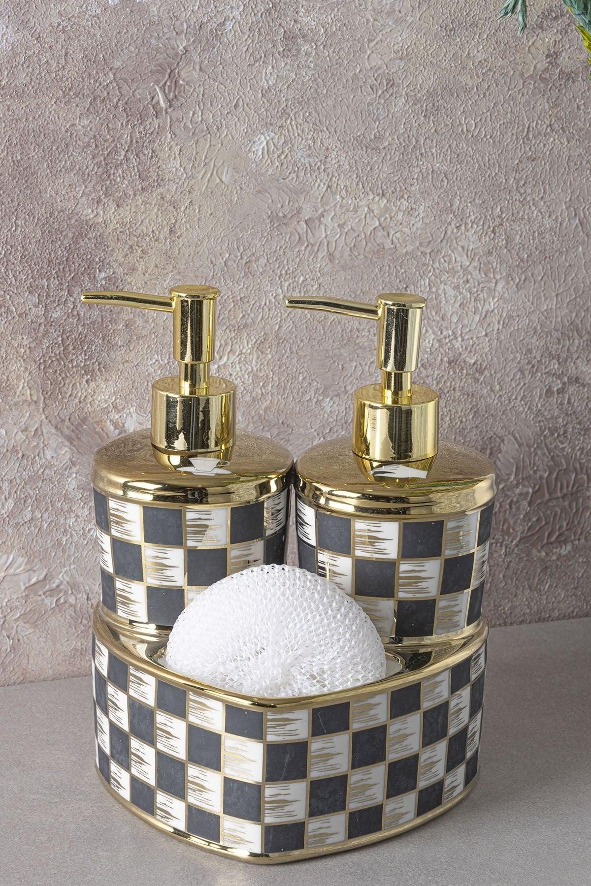 Checkered Pattern 2 Liquid Soap Dispenser Kitchen Set - Swordslife