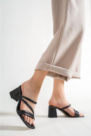 Women'S Black Leather Heeled Slippers Sandals Ba20888