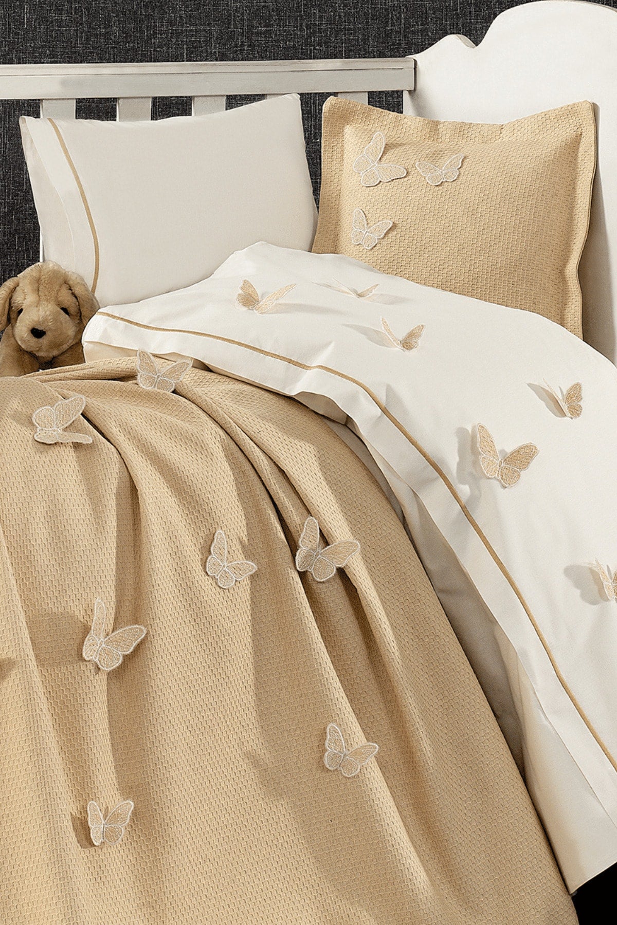 5 Pieces 100% Cotton 3D Butterfly Pattern Baby Duvet Cover Set Beige
