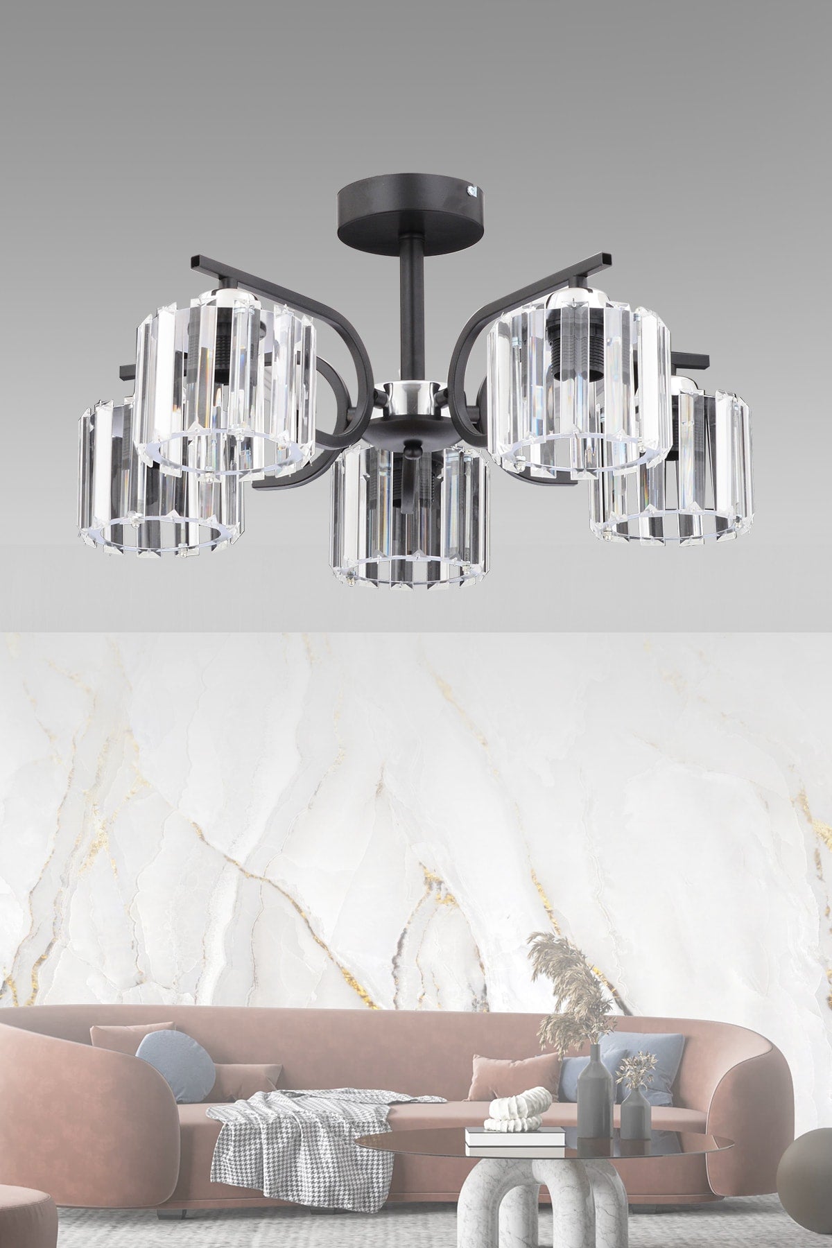 Nehir 5-Piece Modern Crystal Plafonier Chandelier