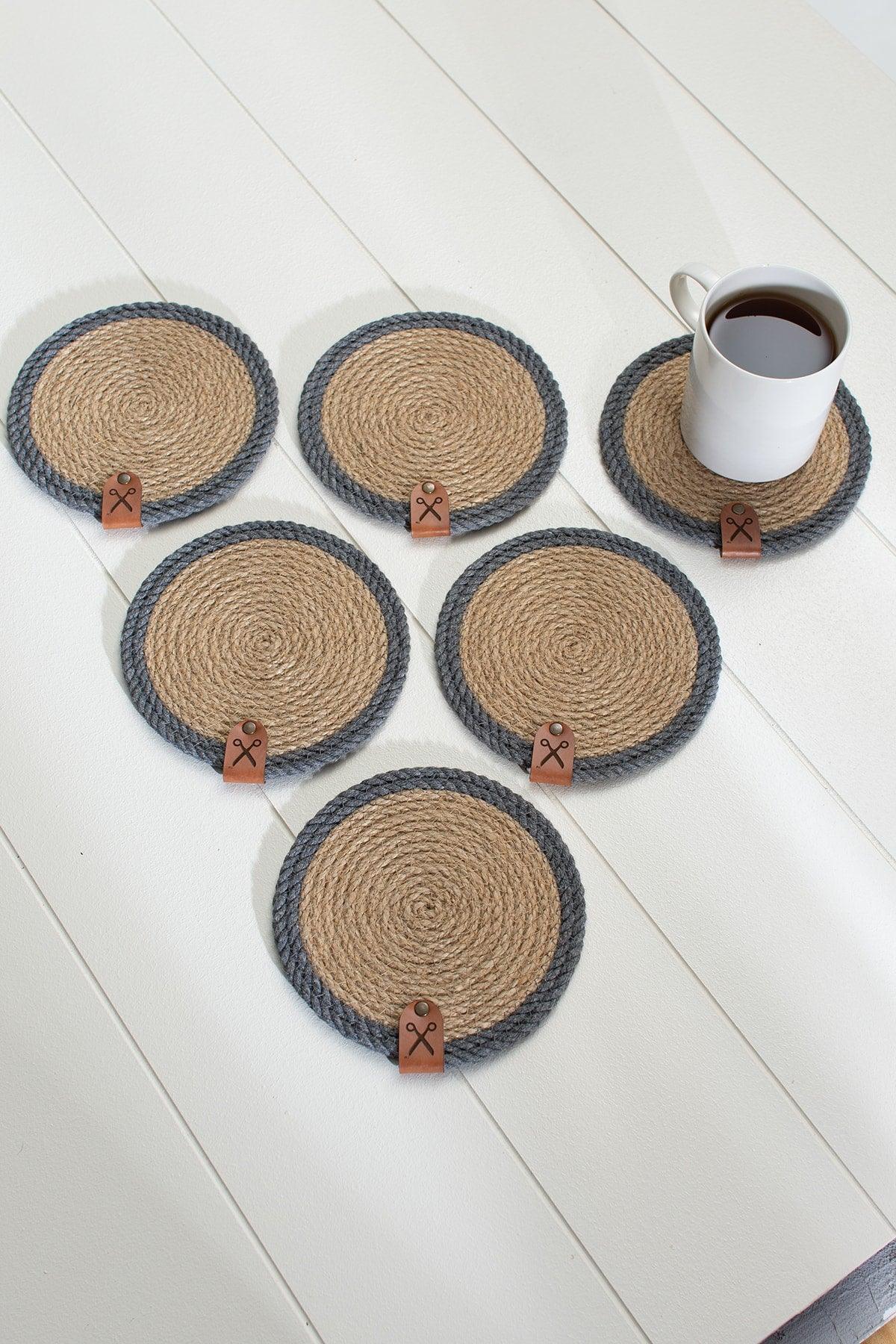 6 Pieces 13cm Gray Striped Jute Straw Weave Coaster Presentation Set - Swordslife