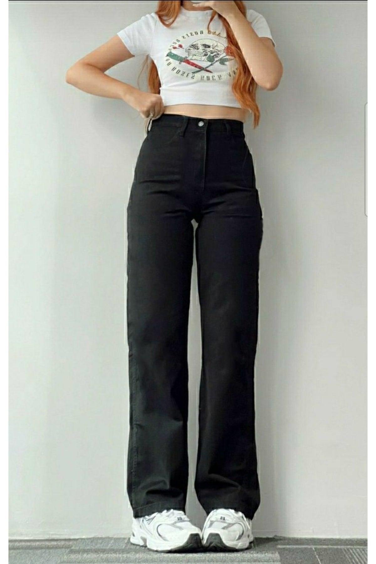 Black Lycra 90's Super High Wide Leg Denim Palazzo Trousers - Swordslife