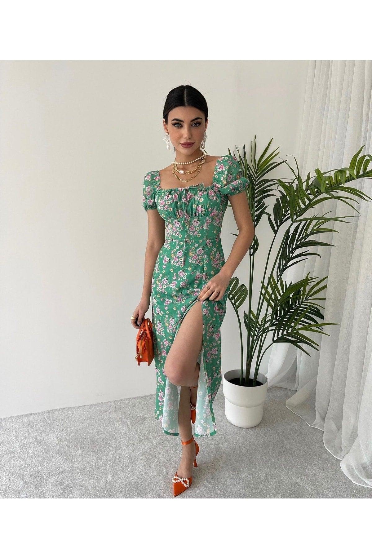 Green Floral Midi Length Slit Dress - Swordslife