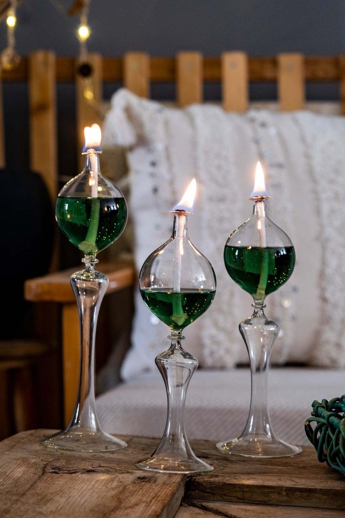 Foot Drops Candlestick Glass Oil Lamp Set of 3 Oil Candlestick Emerald Green - Swordslife