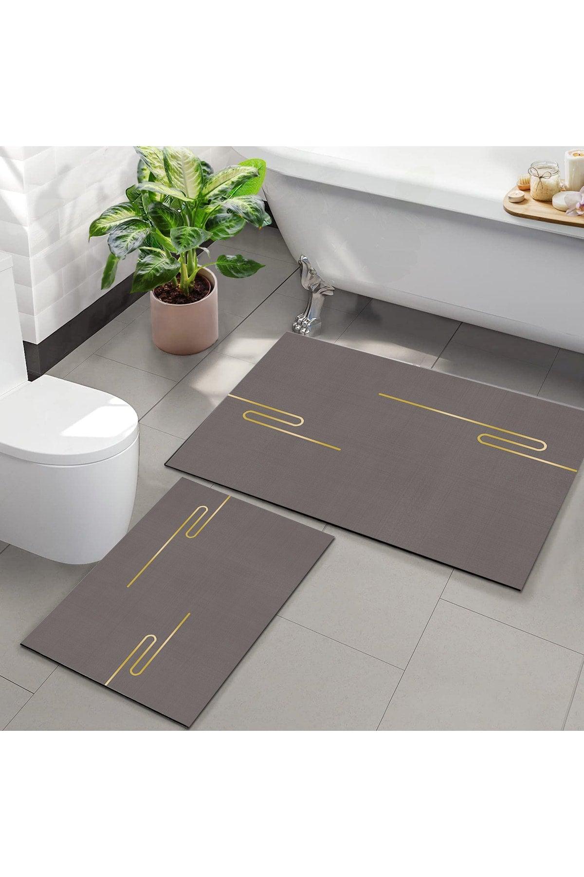 Else Gray Yellow Striped Washable Non-Slip Floor 2 Bathroom Carpet Doormat Closet Set - Swordslife