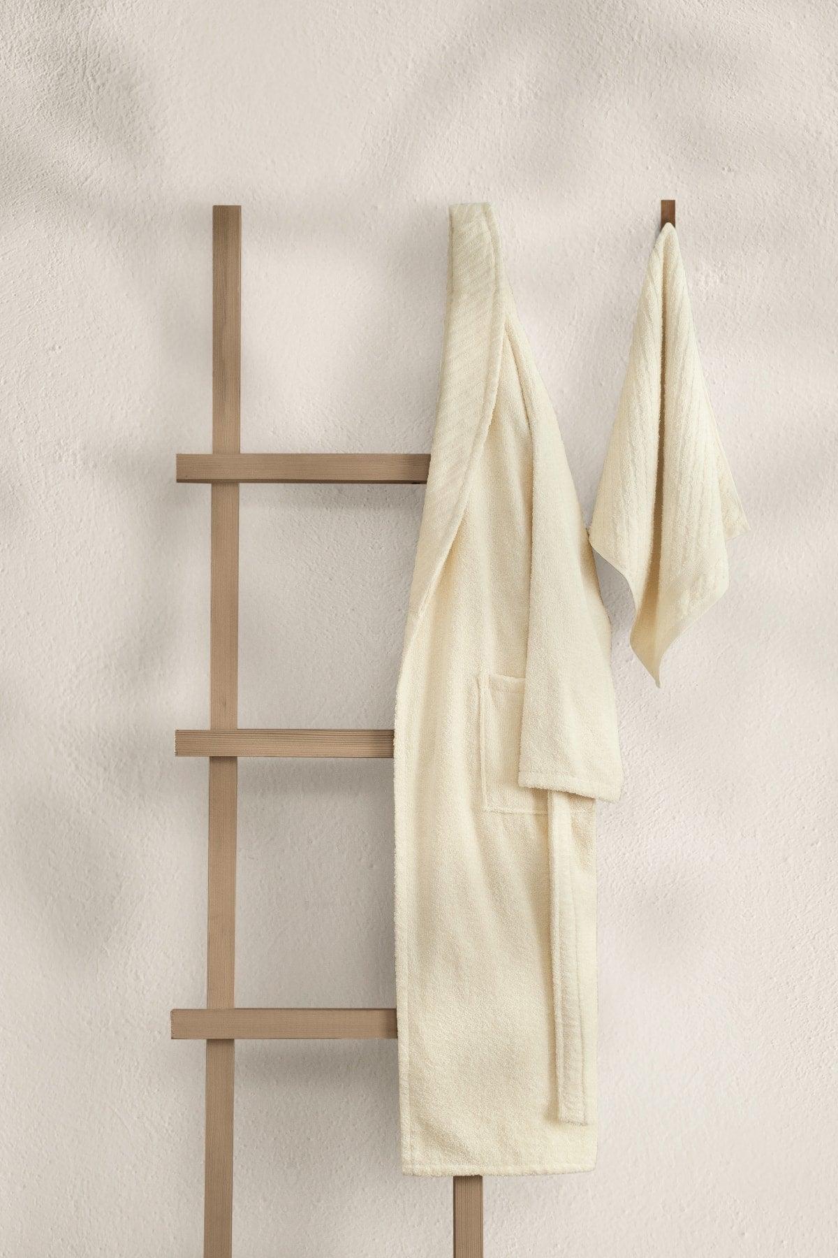 Lycian Cream Bathrobe Set 2 Pcs Set 1 Bathrobe 1 Towel Soft Cotton Bathrobe Hand Face Towel Bath 1053a - Swordslife