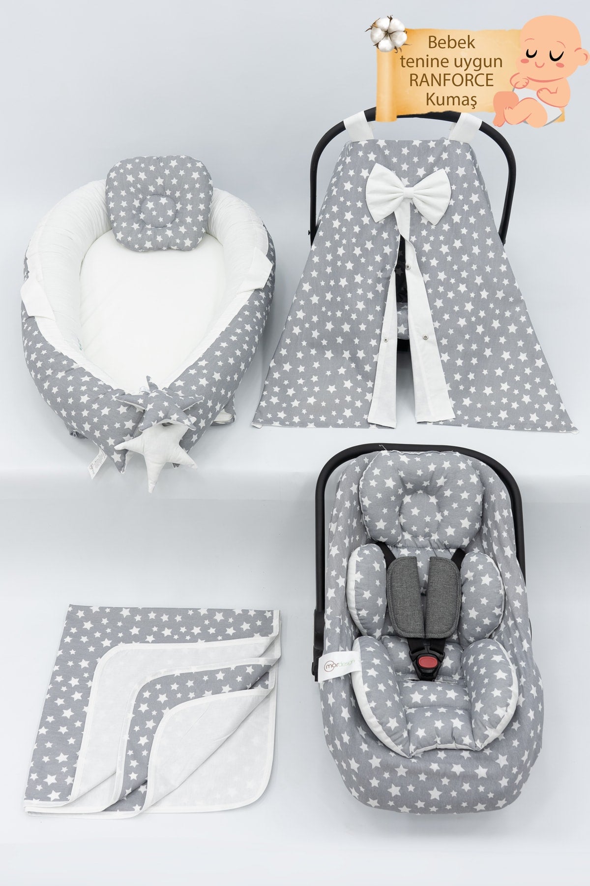 Orthopedic Baby Mattress, Pique And Stroller Accessories Set Of 6, Gray Color Stars Pattern