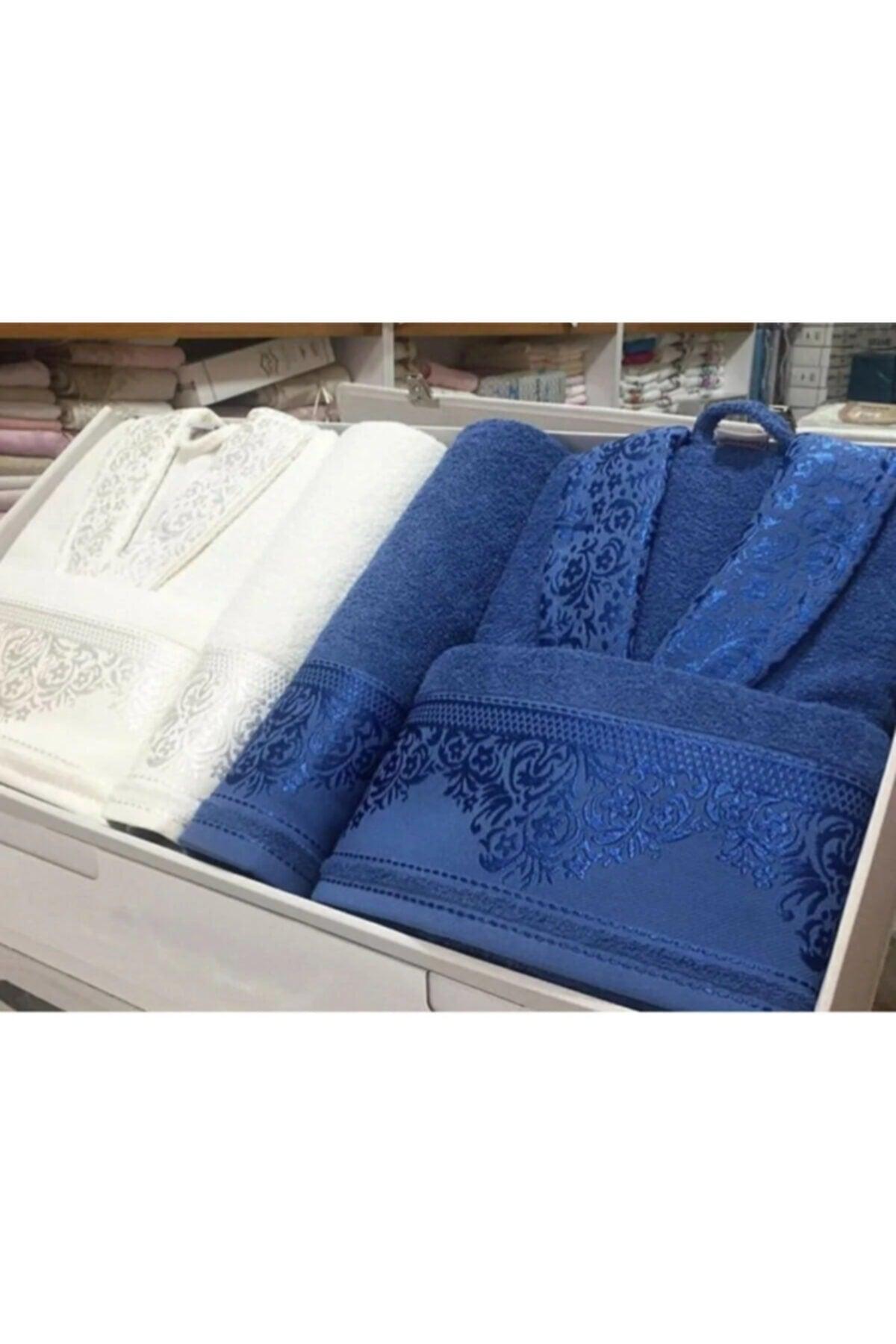 Unisex Navy Blue Cream Jacquard 6 Piece Bathrobe Set 537 - Swordslife