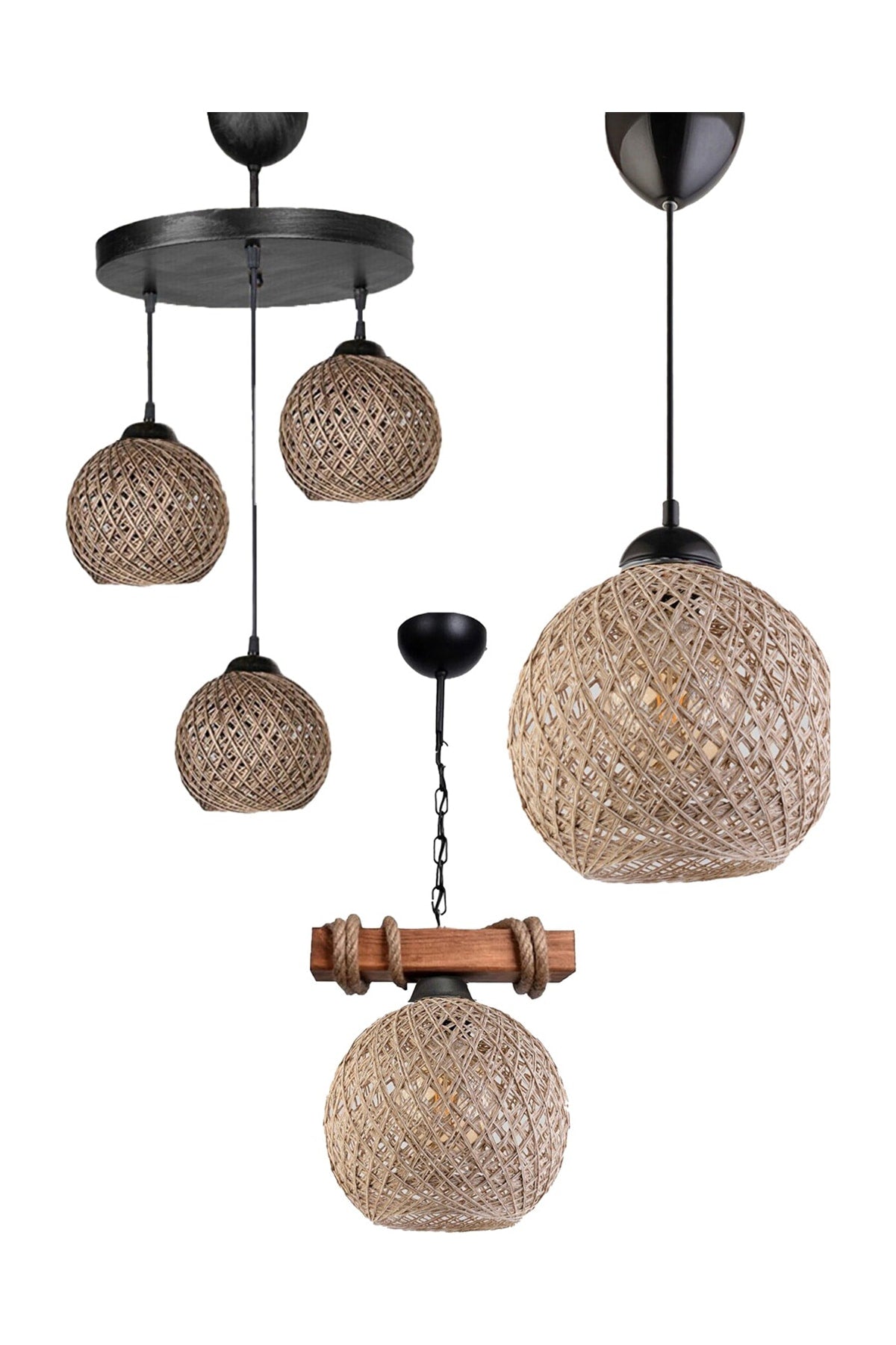 Set Of 3 Rustic Balle Ball Beige Pendant Lamp Chandelier
