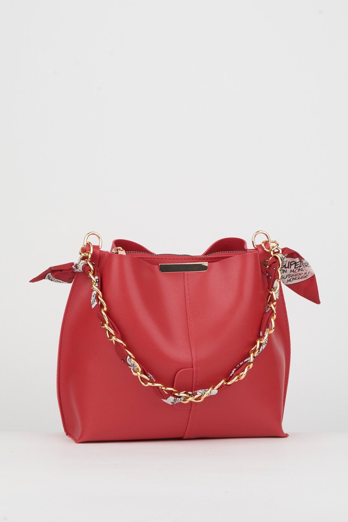 Women'S Red Scarf Chain Accessory Soft Leather 3-Compartment Hand, Arm And Shoulder Bag