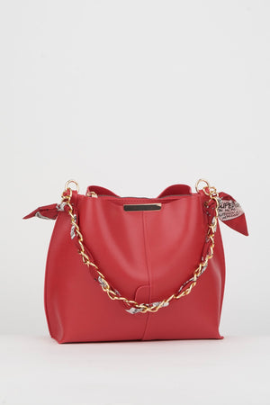 Women'S Red Scarf Chain Accessory Soft Leather 3-Compartment Hand, Arm And Shoulder Bag