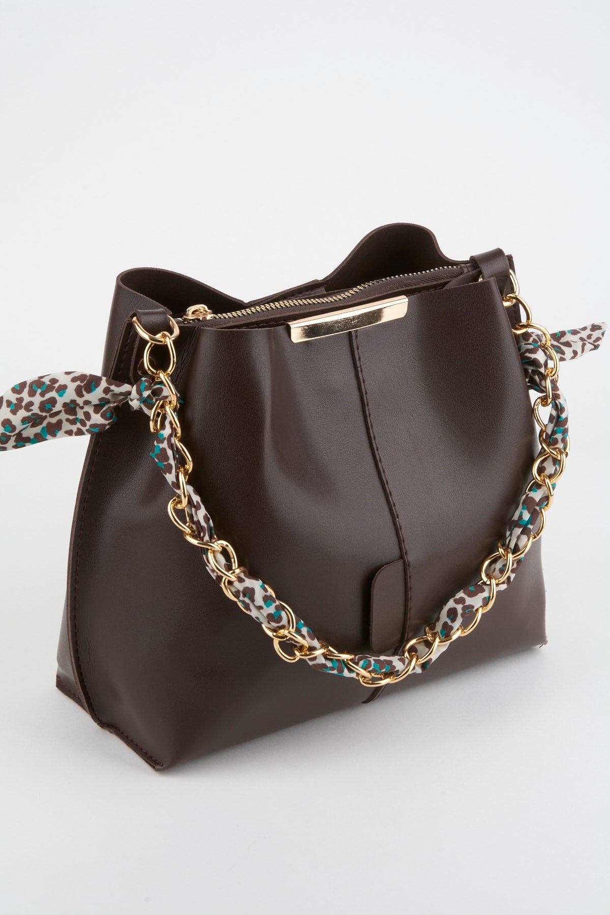Women'S Bitter Brown Scarf Chain Accessory Soft Leather 3-Compartment Hand, Arm And Shoulder Bag