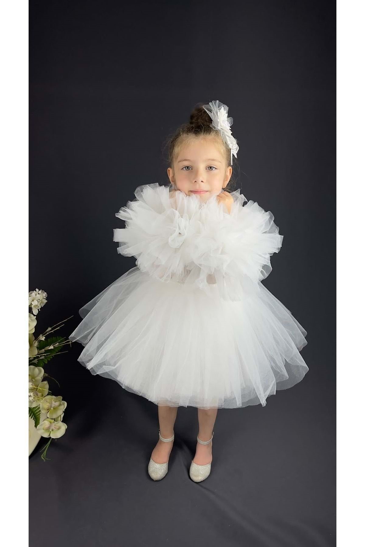 Chiffon Robe Pompom Sleeve Sequined Girls Fluffy Skirt Tulle Evening Dress White