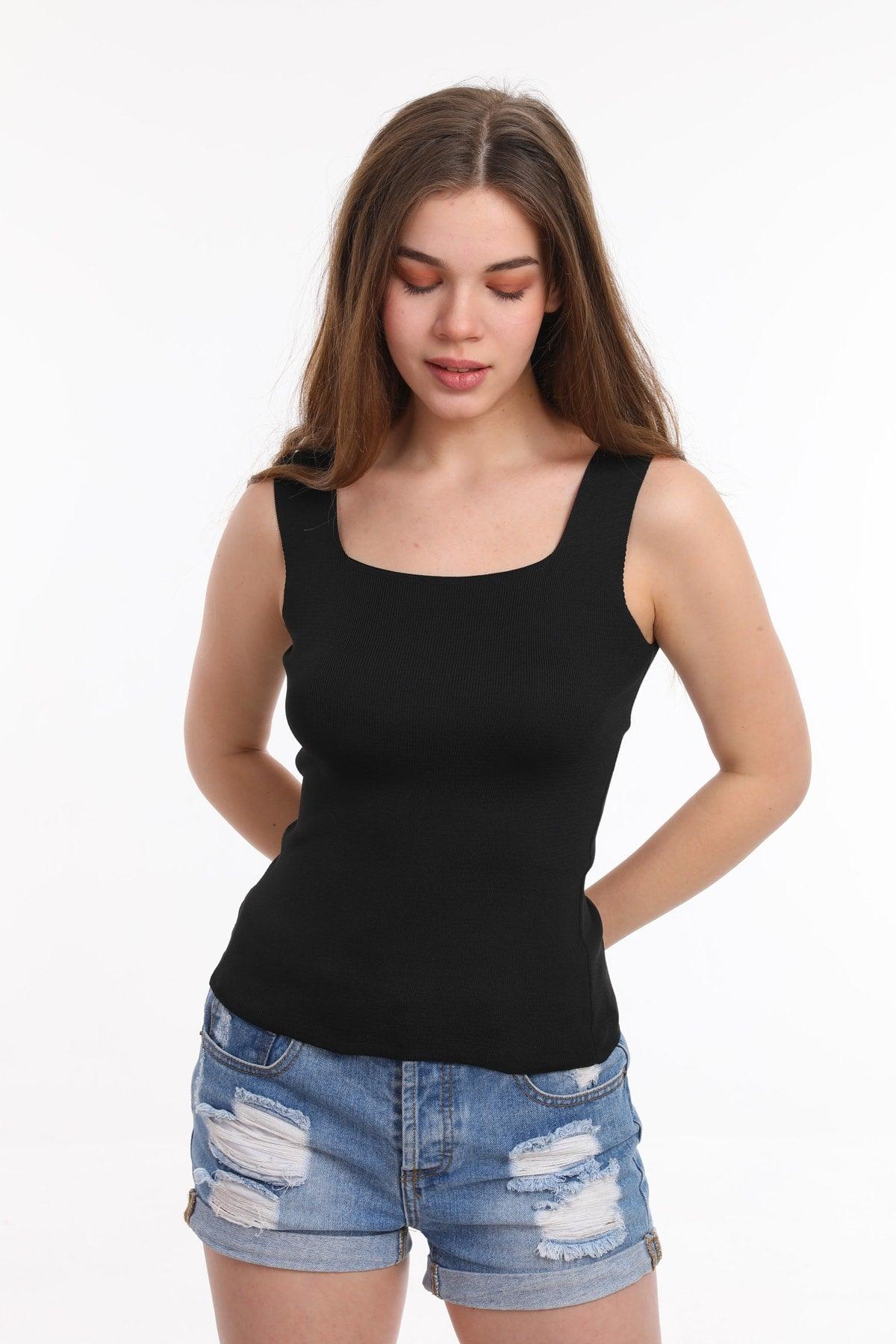 Women's Black Tank Top Thick Strap Singlet Slim Summer Square Collar Knitwear - Swordslife