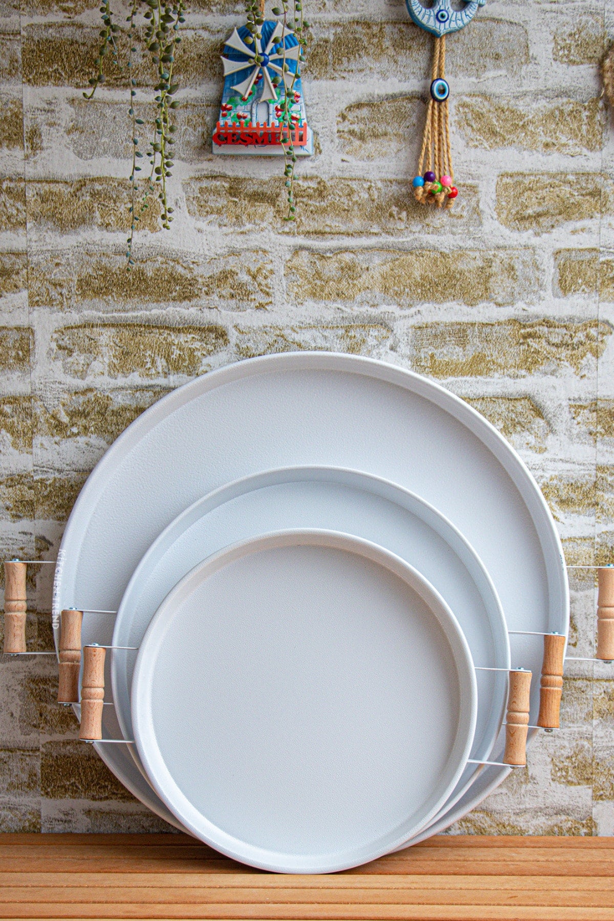 3 Piece White (45, 37, 30 Cm) Metal Tray With Wooden Handle Tea Tray Presentation Tray Set
