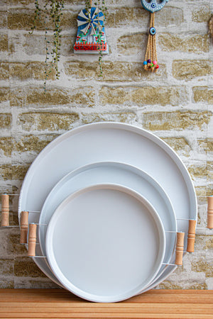 3 Piece White (45, 37, 30 Cm) Metal Tray With Wooden Handle Tea Tray Presentation Tray Set