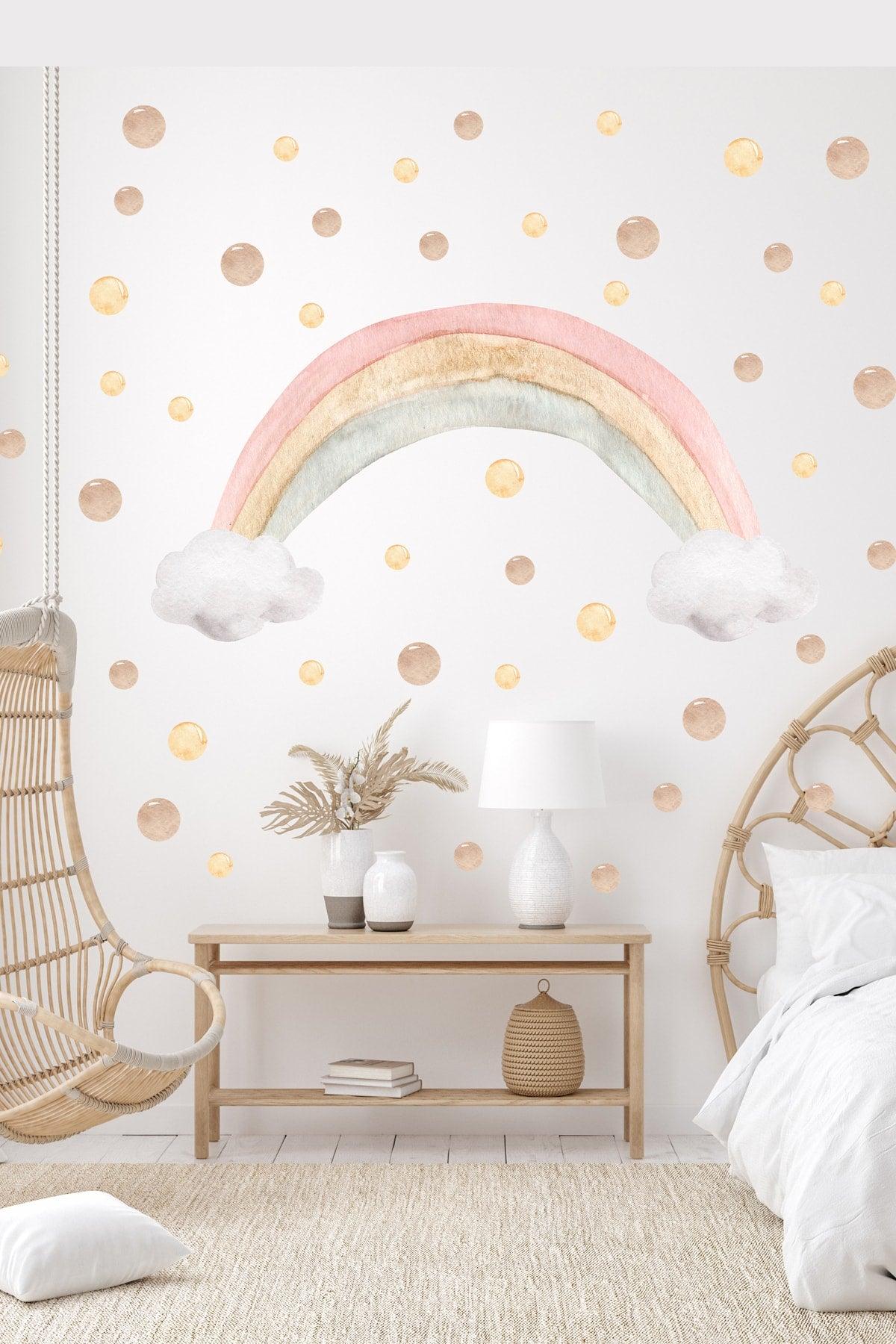 Soft Color Rainbow And Brown Tones Polka Dots Kids Room Wall Sticker Set - Swordslife