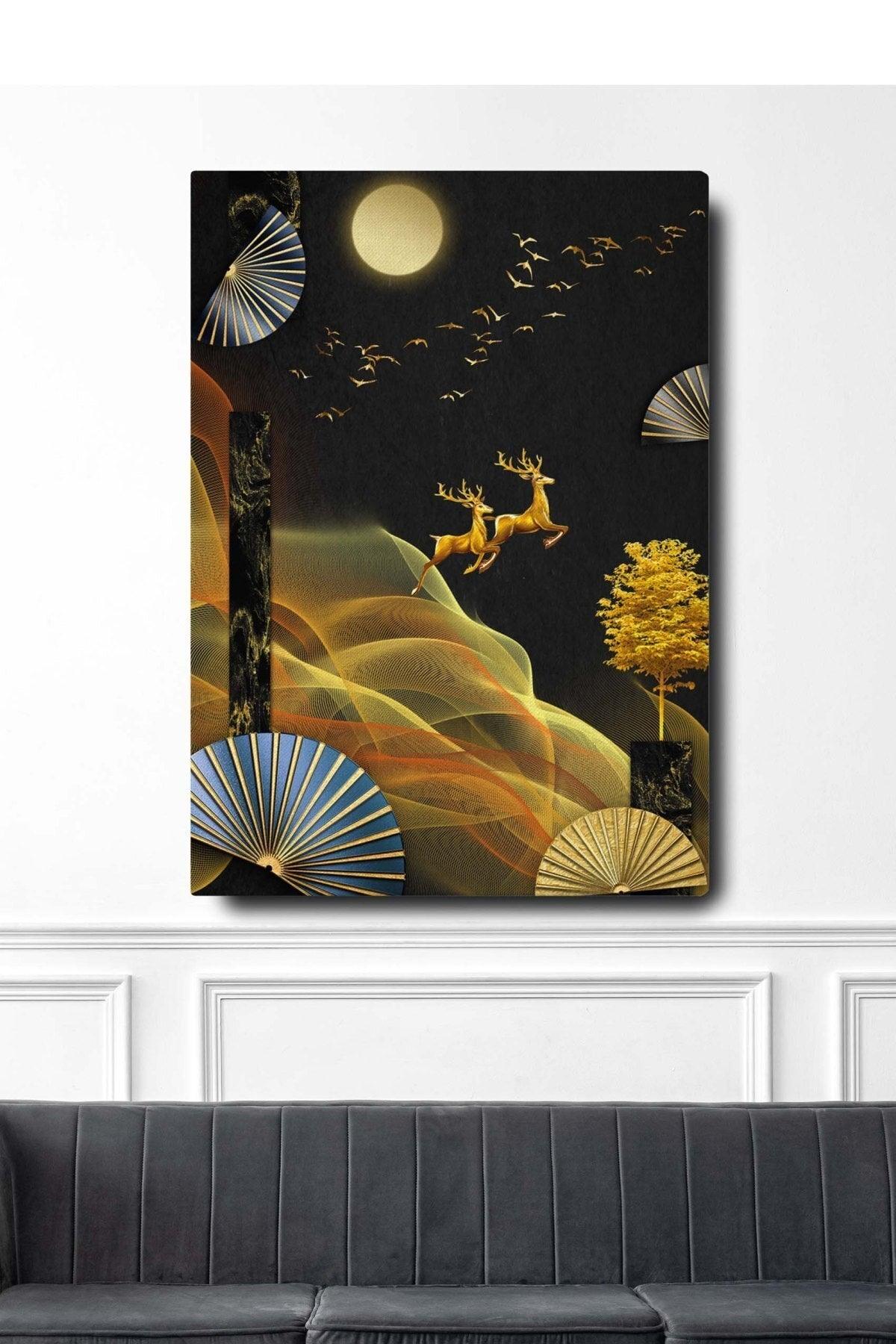 Decorative Abstract Golden Deer And Birds Surreal Canvas Wall Painting - Swordslife