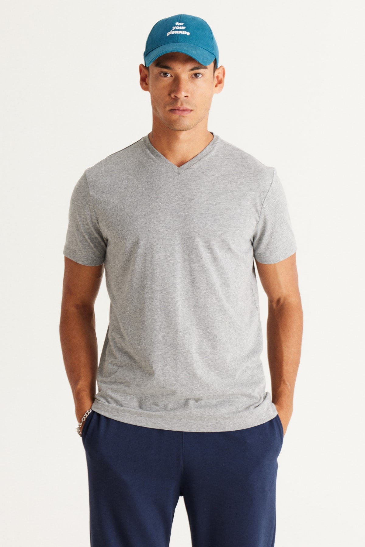 Men'S Dark Gray Melange Cotton Slim Fit Slim Fit V-Neck Short Sleeved T-Shirt
