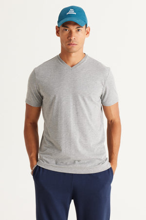 Men'S Dark Gray Melange Cotton Slim Fit Slim Fit V-Neck Short Sleeved T-Shirt