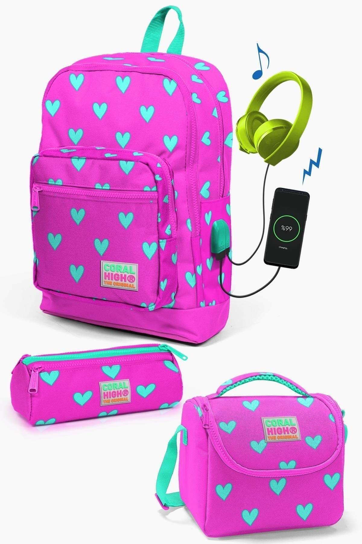 Kids Neon Pink Water Green Heart Patterned Usb 3 Pcs School Bag Set Set0123277