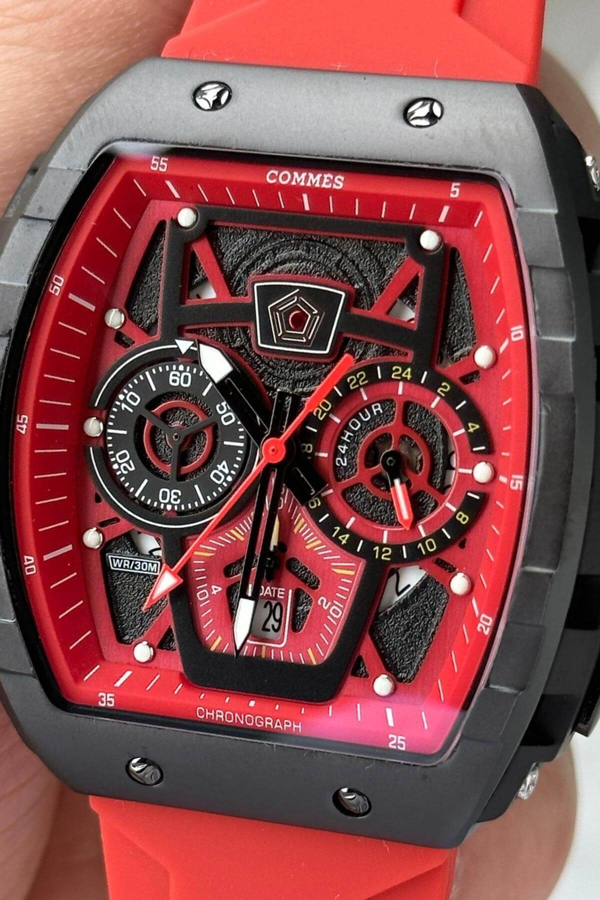 Men'S Classic Wristwatch With Silicone Strap Red Color Stopwatch Calendar 0376-Kbk