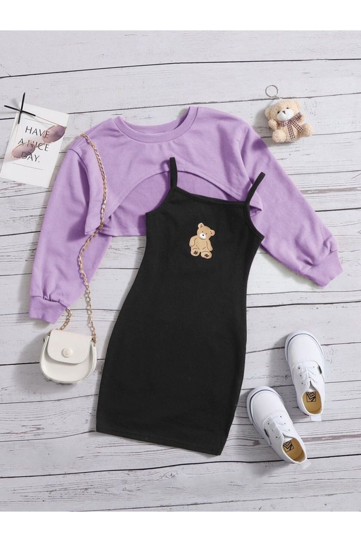 Teddy bear print dress & crop sweat combination