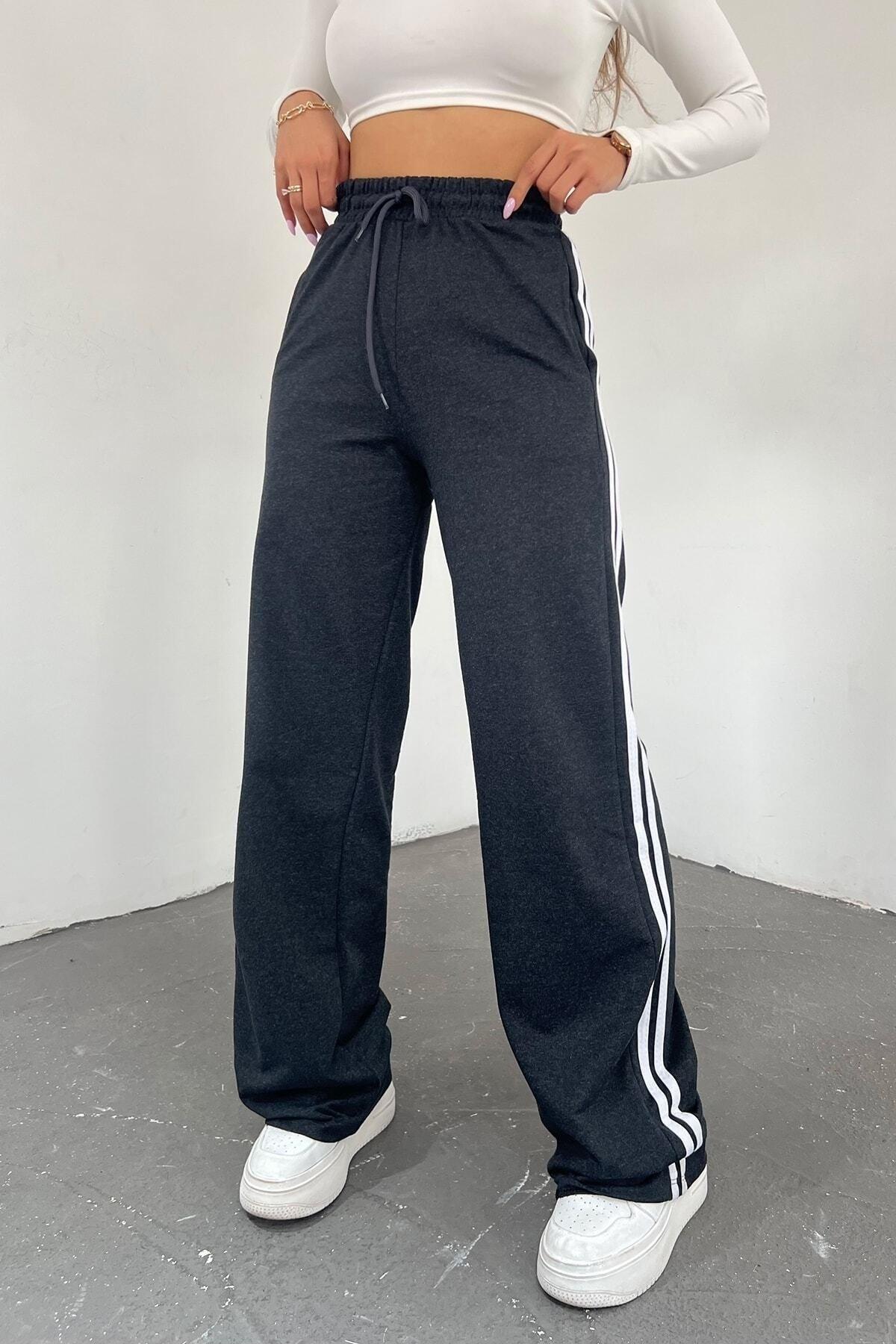 Women's Anthracite High Waist Striped Wide Leg Seasonal Sweatpants - Swordslife