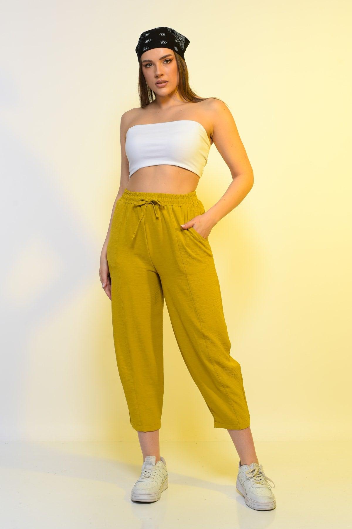 New Season Summer Elastic Waist Slim Pants High Waist Women Mustard Color Casual Trousers - Swordslife