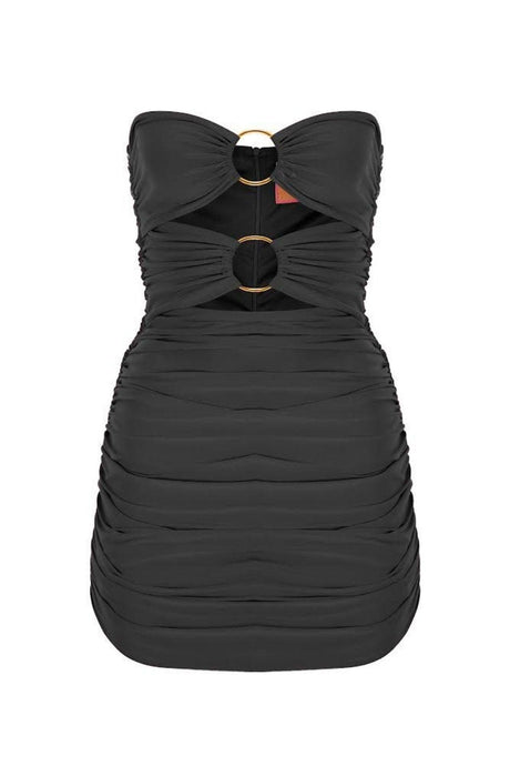 Black Bust Gold Two-Ring Ruffle Strapless Draped Mini Evening Dress - Swordslife