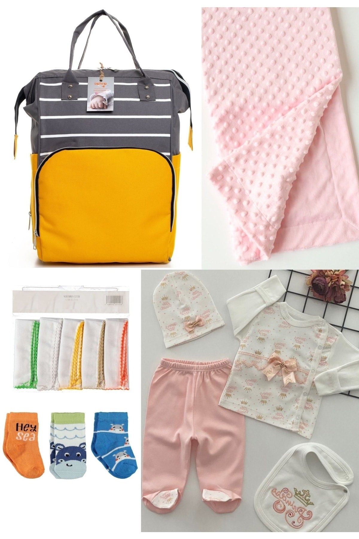 5 Piece Maternity Set (Baby Care Backpack, Hospital Exit, Chickpea Blanket, 10 Wipes and 3 Socks)