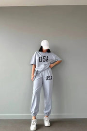 Usa T-Shirt Sweatpants Jogger- Gray Printed Bottom Top Tracksuit Suit Oversize Crew Neck