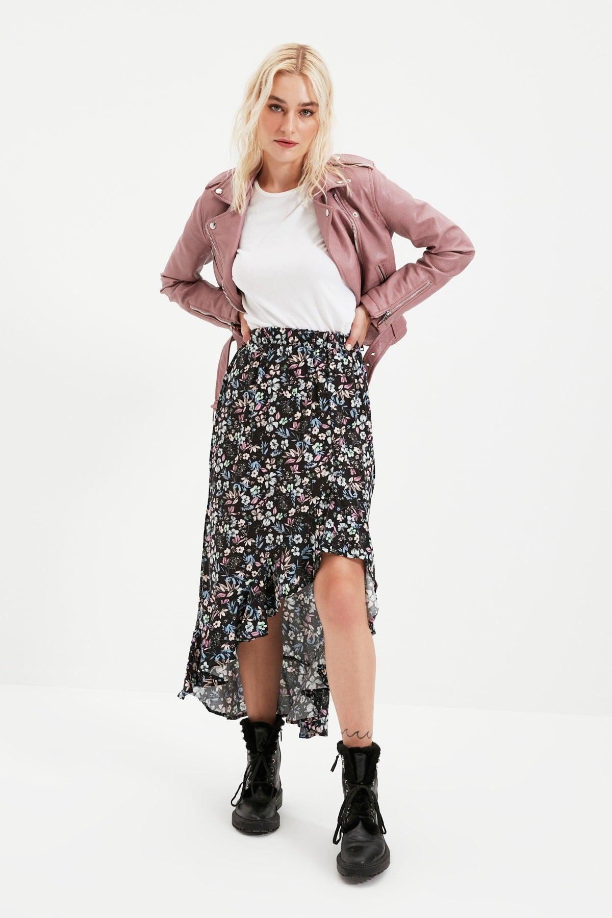 Purple Midi Woven Slit Detailed Asymmetrical Floral Patterned Skirt TWOSS20ET0166 - Swordslife